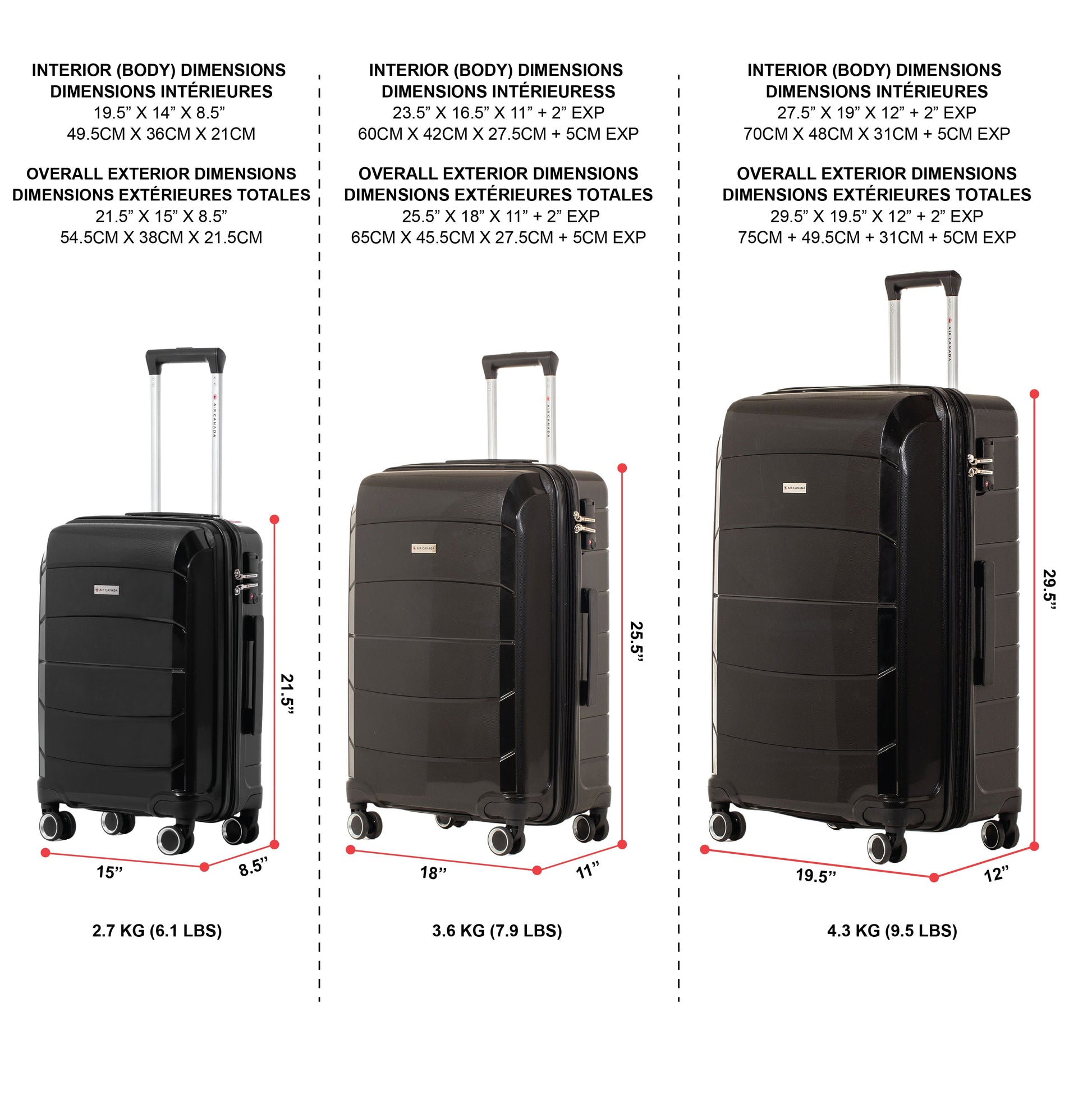 Air Canada Luggage Black Air Canada Optimum Hardside 3 Piece Luggage Set