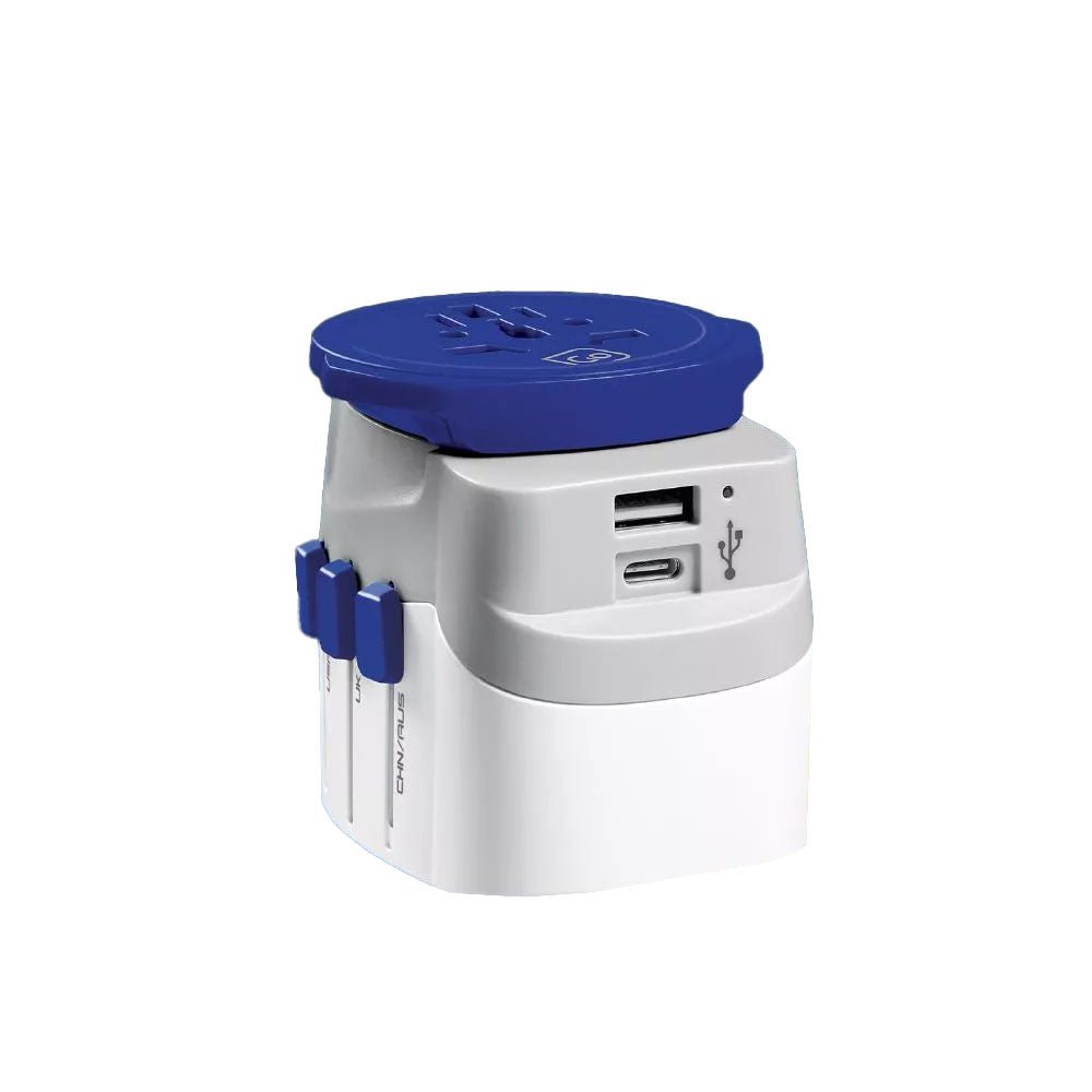 Go Travel Adapters White/Blue Go Travel Worldwide Adaptor + USB-A & USB-C