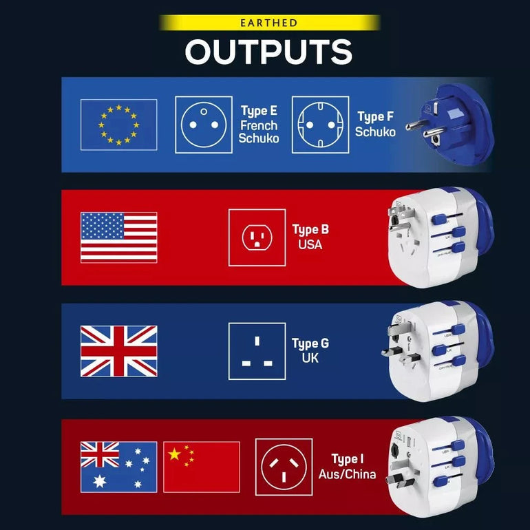Go Travel Adapters White/Blue Go Travel Worldwide Adaptor + USB-A & USB-C