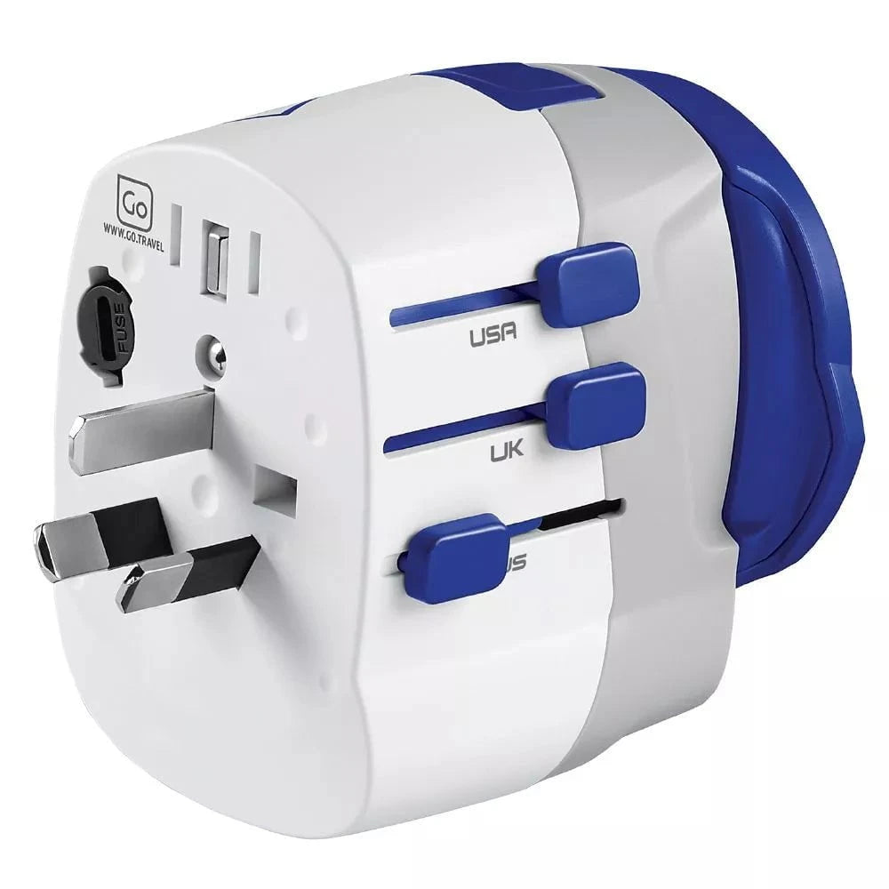 Go Travel Adapters White/Blue Go Travel Worldwide Adaptor + USB-A & USB-C