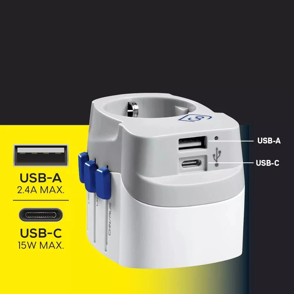 Go Travel Adapters White/Blue Go Travel Worldwide Adaptor + USB-A & USB-C