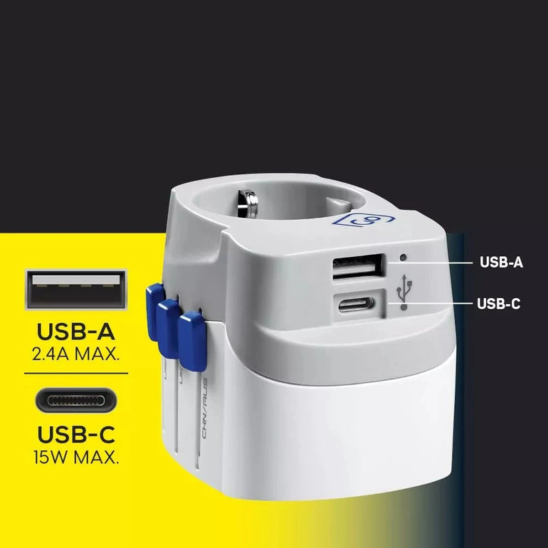 Go Travel Adapters White/Blue Go Travel Worldwide Adaptor + USB-A & USB-C
