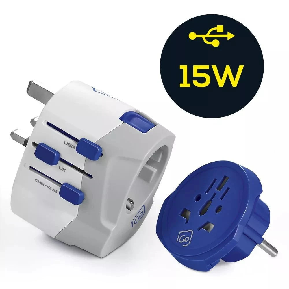 Go Travel Adapters White/Blue Go Travel Worldwide Adaptor + USB-A & USB-C