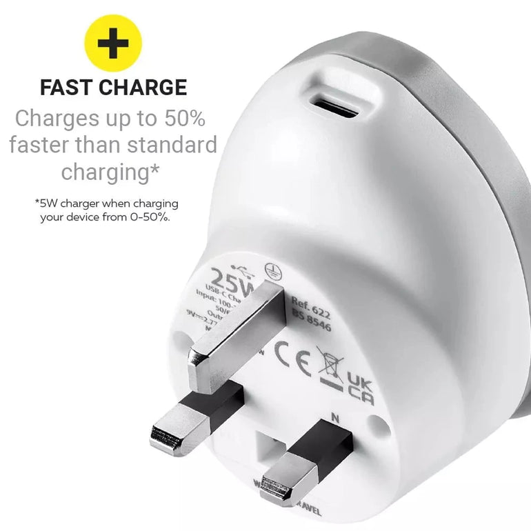 Go Travel Adapters White/Grey Go Travel World-UK USB-C Adaptor + (25W)