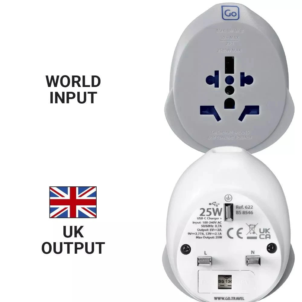 Go Travel Adapters White/Grey Go Travel World-UK USB-C Adaptor + (25W)