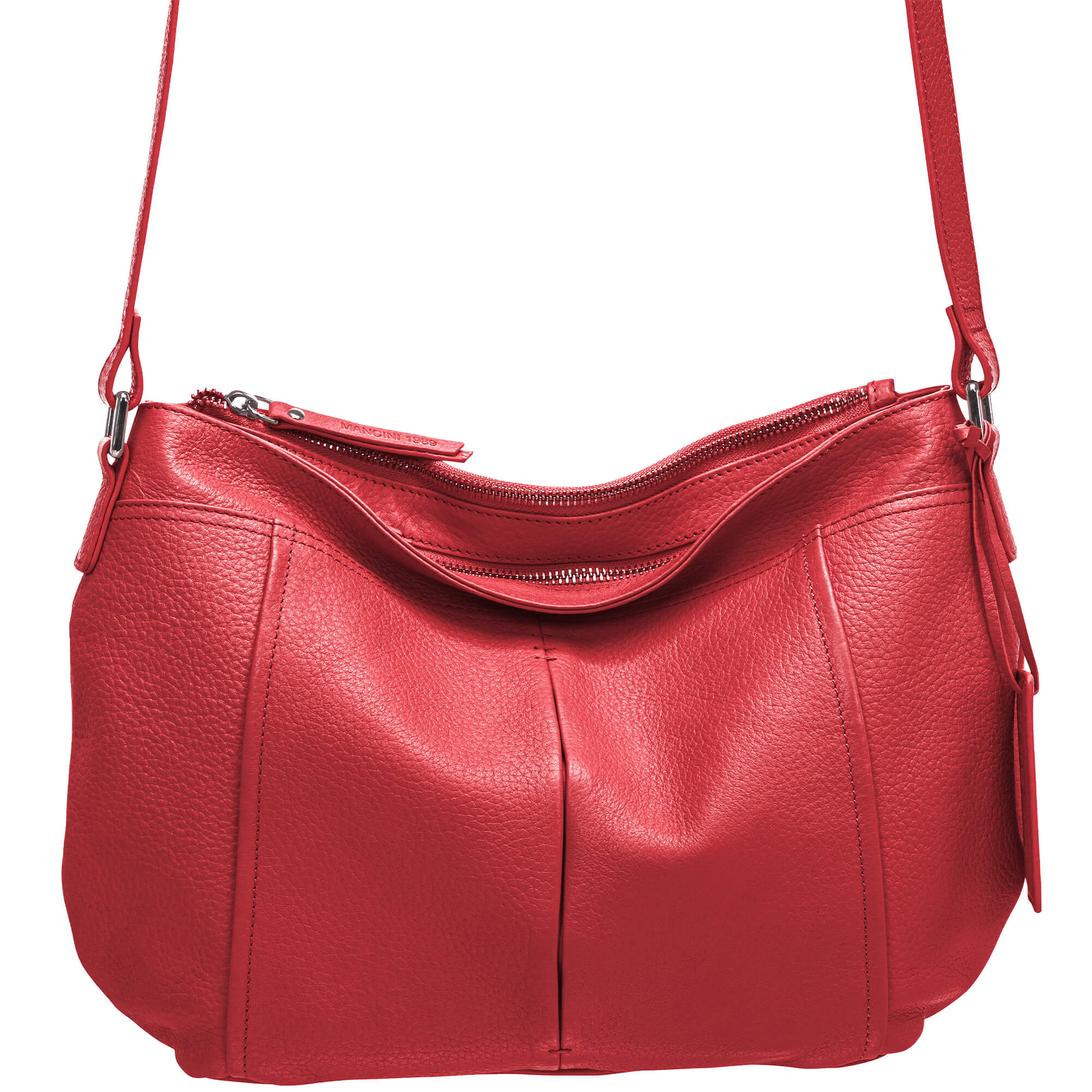 Mancini Handbags Red Mancini Pebbled Scarlet Leather Crossbody Hobo Bag
