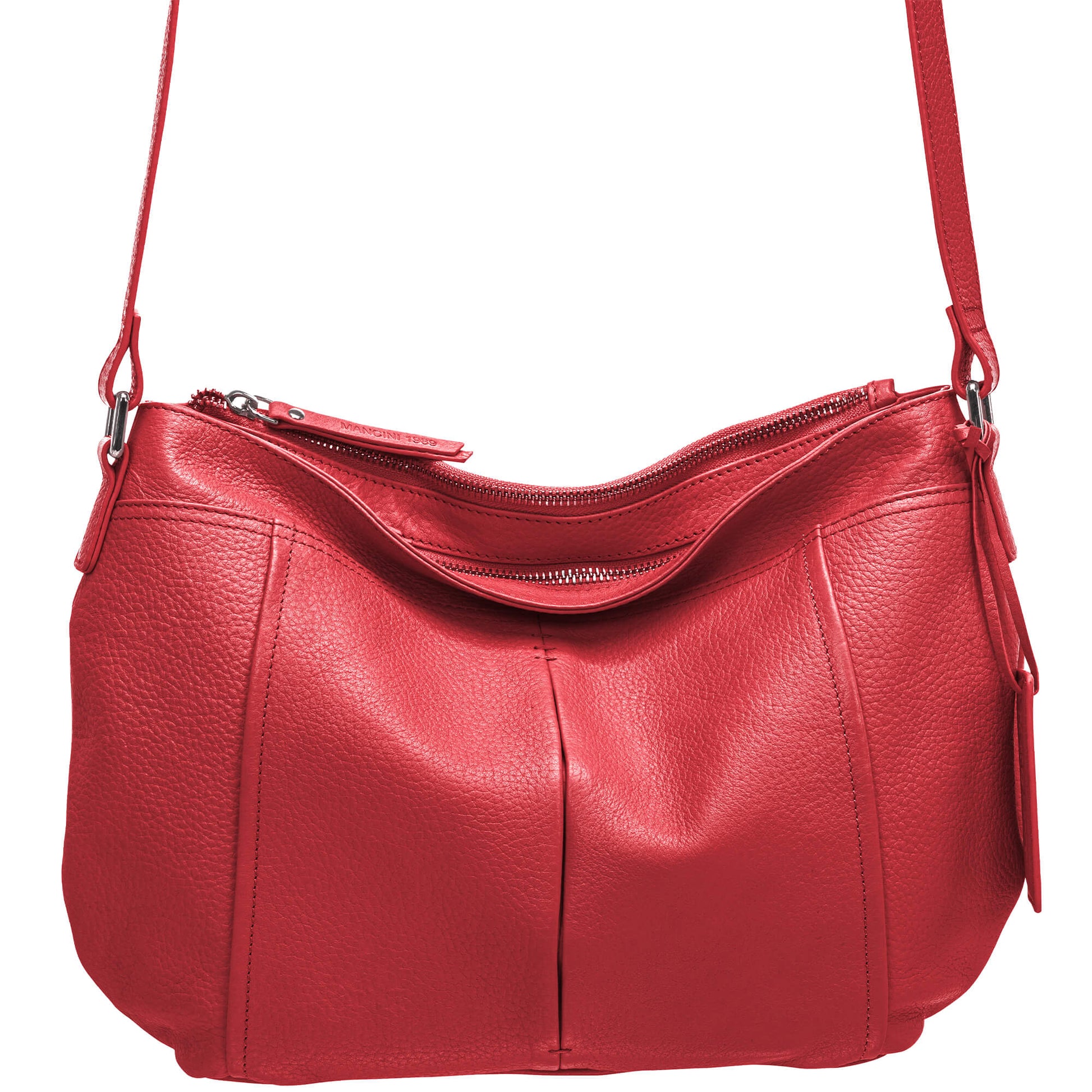 Mancini Handbags Red Mancini Pebbled Scarlet Leather Crossbody Hobo Bag