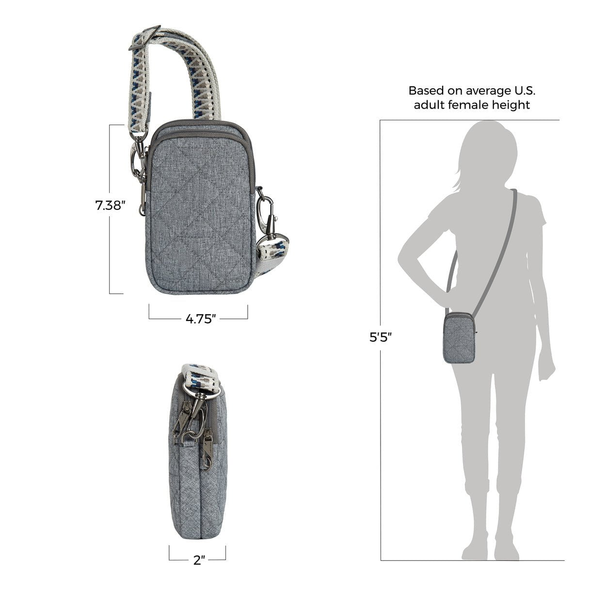Travelon Cross-Body Bag Geo Gray Heather Travelon Anti-Theft Boho 2 Compartment Phone Crossbody - Geo Gray Heather