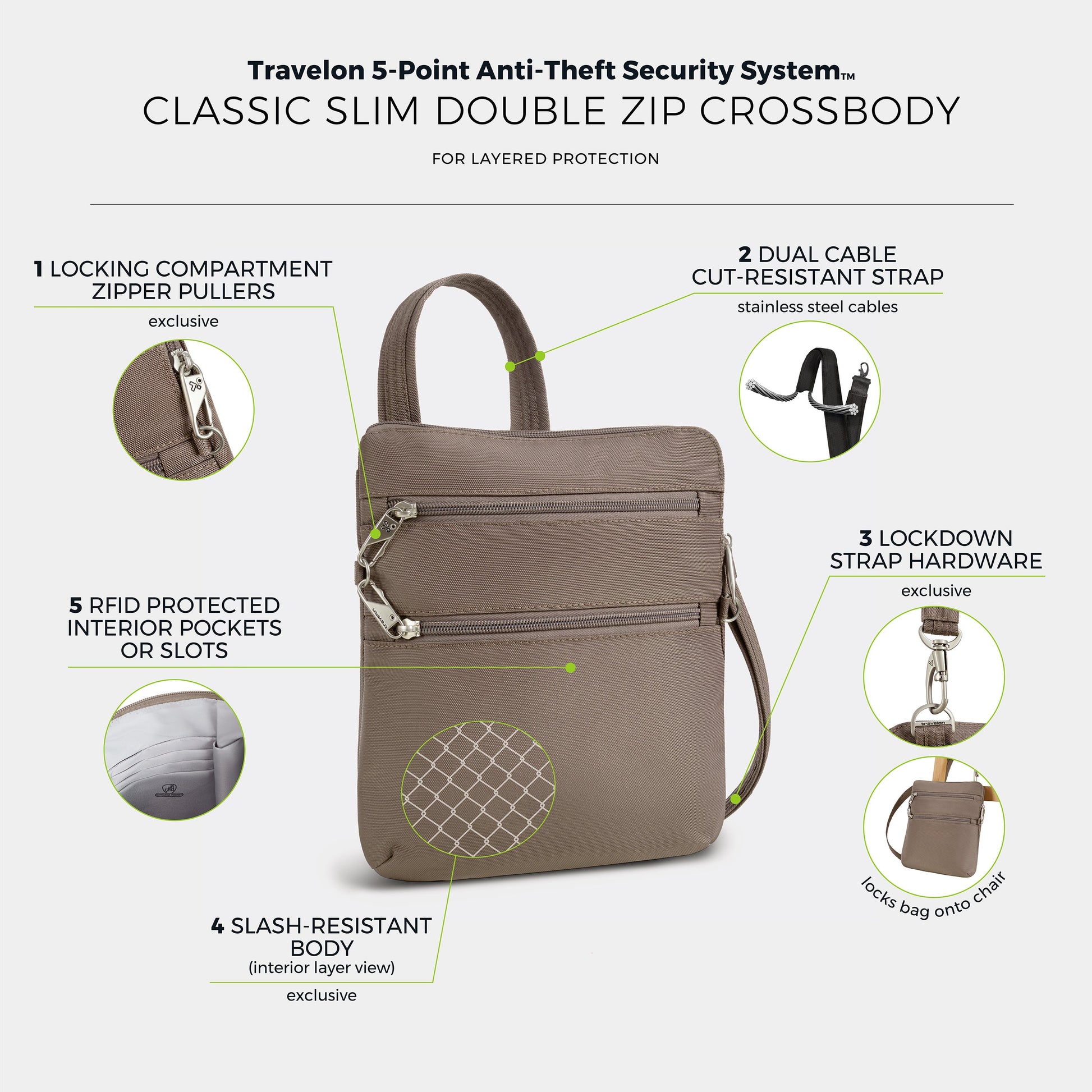 Travelon Cross-Body Bag Travelon Anti-Theft Classic Slim Double Zip Crossbody