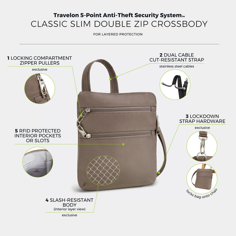 Travelon Cross-Body Bag Travelon Anti-Theft Classic Slim Double Zip Crossbody