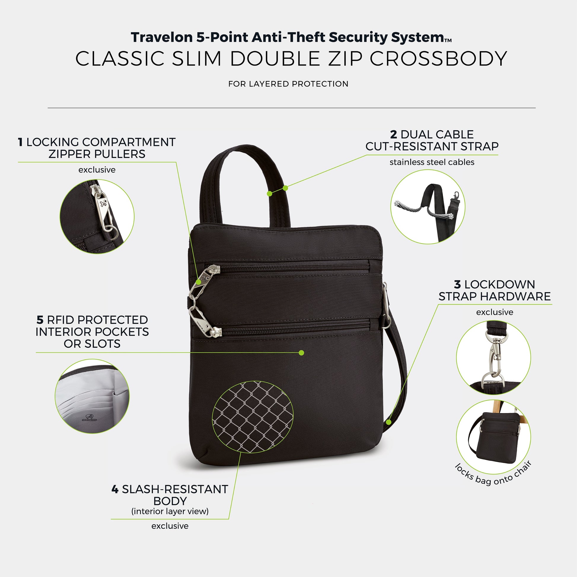 Travelon Cross-Body Bag Travelon Anti-Theft Classic Slim Double Zip Crossbody