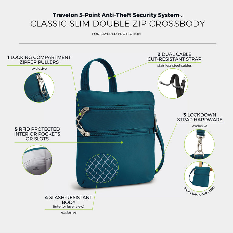 Travelon Cross-Body Bag Travelon Anti-Theft Classic Slim Double Zip Crossbody