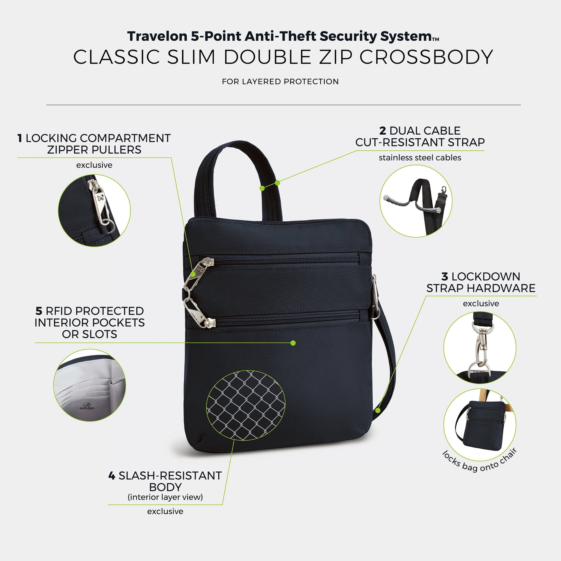 Travelon Cross-Body Bag Travelon Anti-Theft Classic Slim Double Zip Crossbody