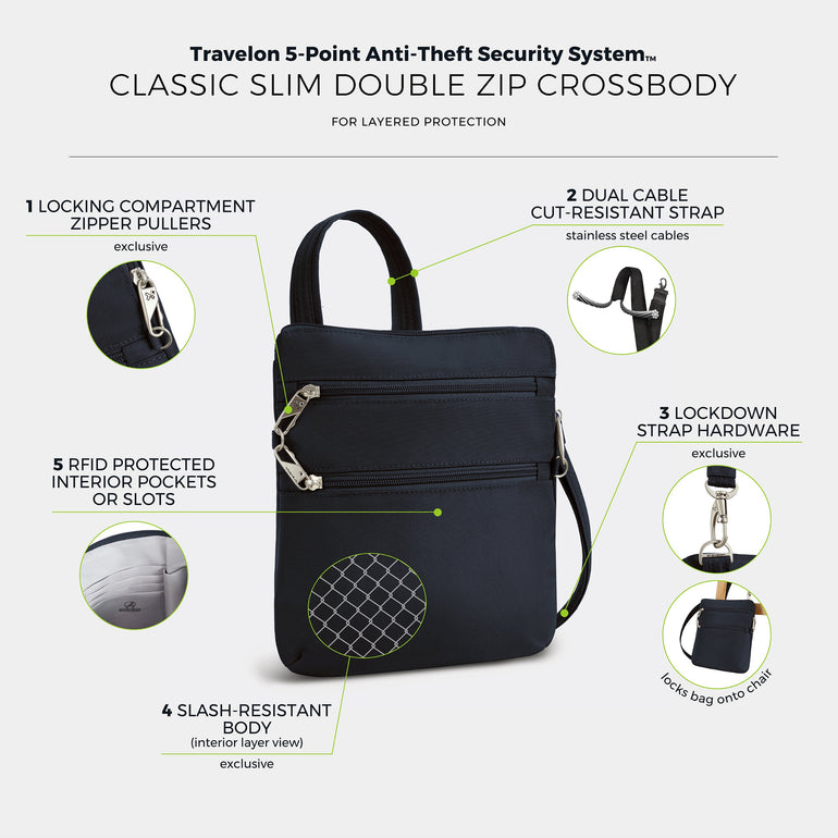Travelon Cross-Body Bag Travelon Anti-Theft Classic Slim Double Zip Crossbody